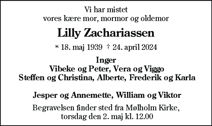 Dødsannonce for Lilly Zachariassen