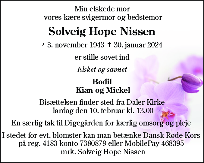 Dødsannonce for Solveig Hope Nissen