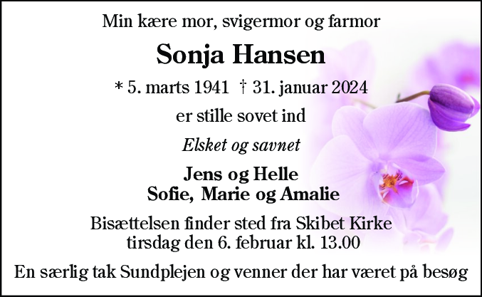 Dødsannonce for Sonja Hansen