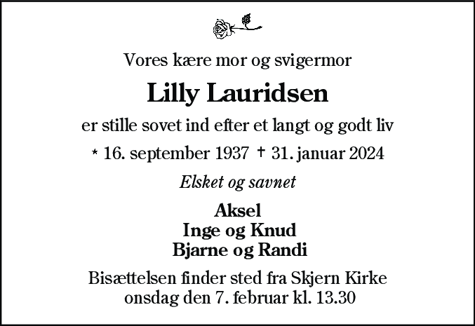 Dødsannonce for Lilly Lauridsen