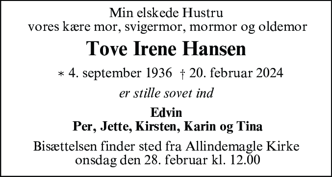 Dødsannonce for Tove Irene Hansen