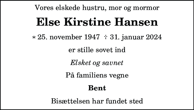 Dødsannonce for Else Kirstine Hansen