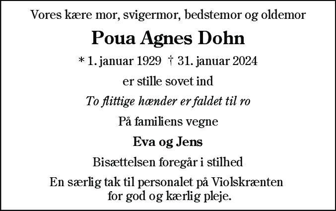 Dødsannonce for Poua Agnes Dohn