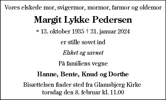 Dødsannonce for Margit Lykke Pedersen