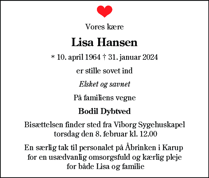 Dødsannonce for Lisa Hansen