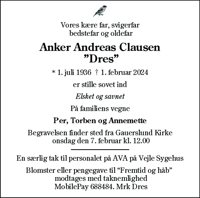 Dødsannonce for Anker Andreas Clausen