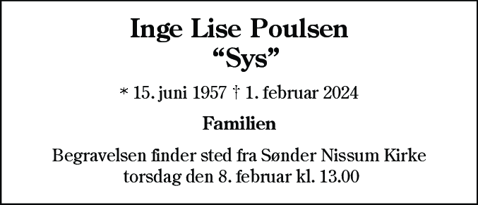 Dødsannonce for Inge Lise Poulsen