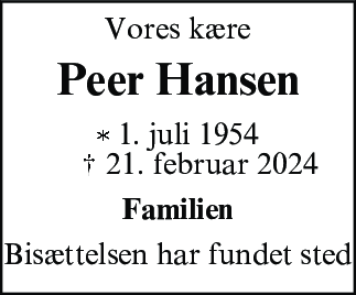 Dødsannonce for Peer Rene Strange Hansen