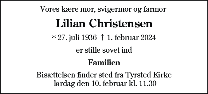 Dødsannonce for Lilian Christensen