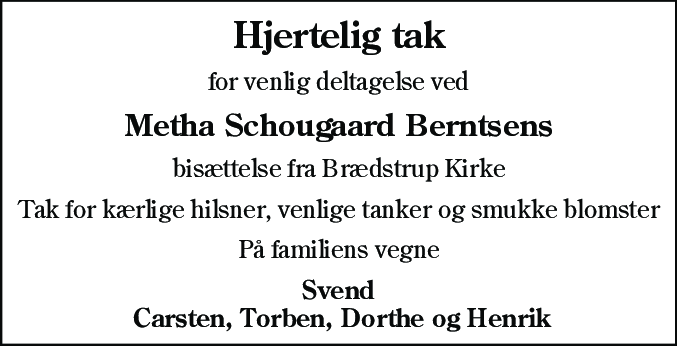 Dødsannonce for Metha Schougaard Berntsen