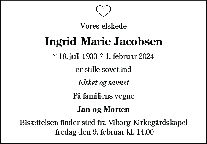 Dødsannonce for Ingrid Marie Jacobsen