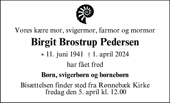 Dødsannonce for Birgit Brostrup Pedersen