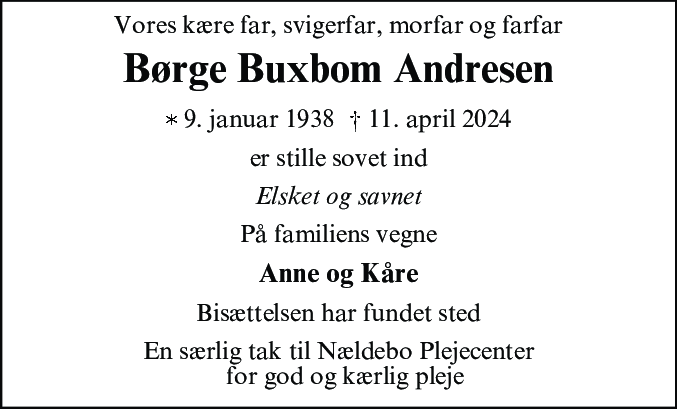 Dødsannonce for Børge Buxbom Andresen