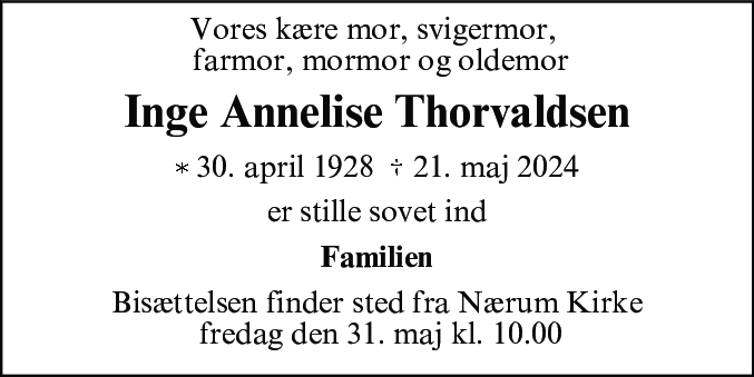 Dødsannonce for Inge Annelise Thorvaldsen