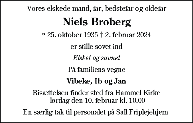 Dødsannonce for Niels Broberg