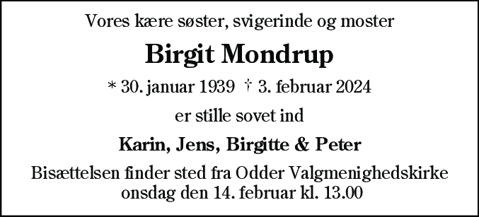 Dødsannonce for Birgit Nielsen Mondrup
