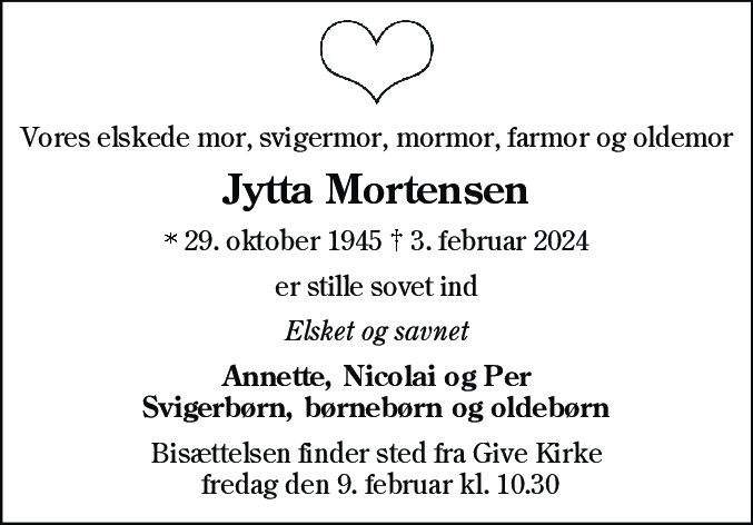 Dødsannonce for Jytta Mortensen