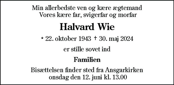 Dødsannonce for Halvard Wie