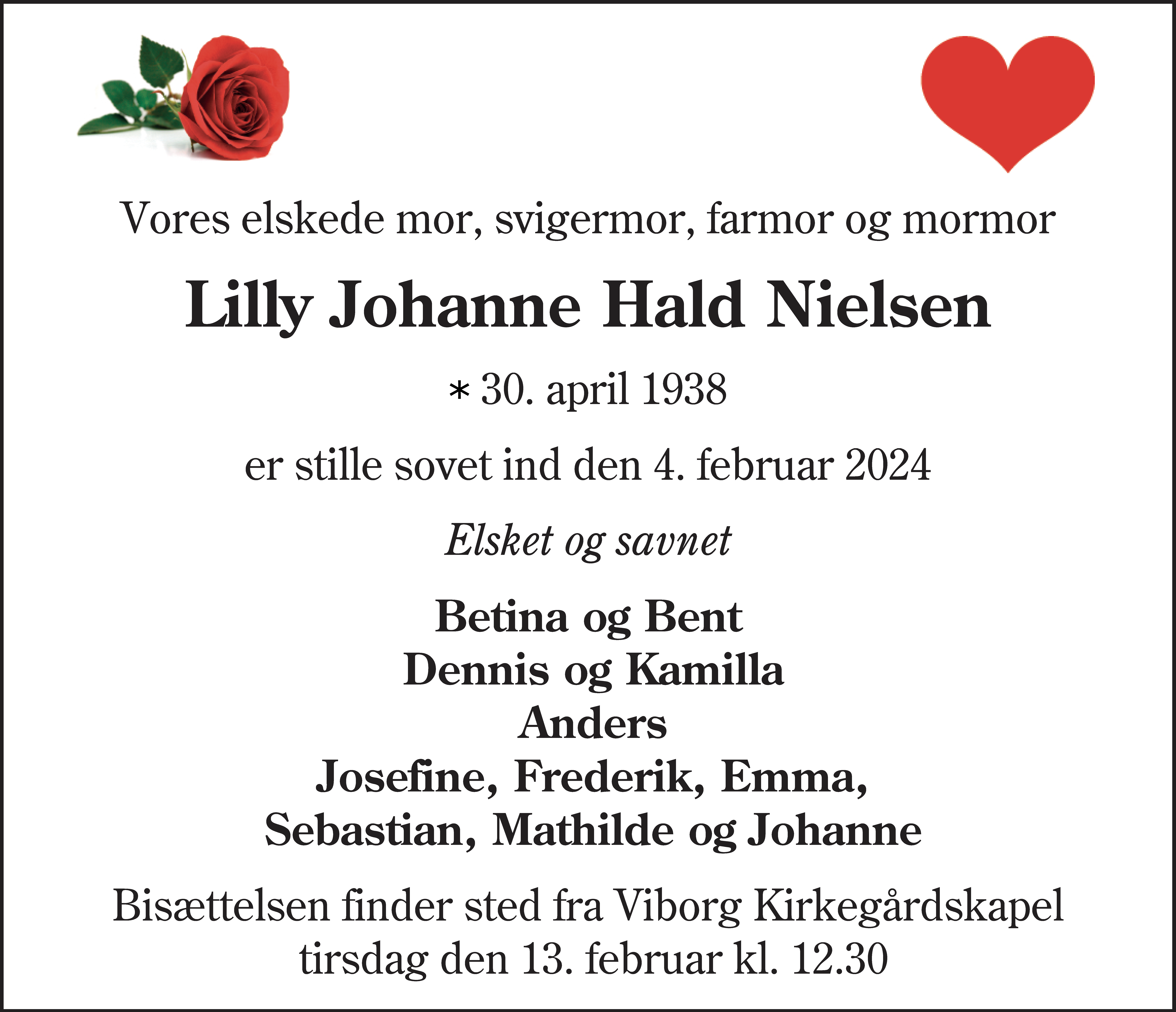 Dødsannonce for Lilly Johanne Hald Jensen Nielsen