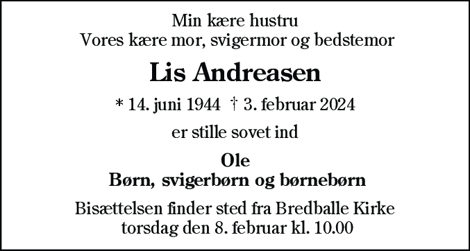 Dødsannonce for Lis Andreasen