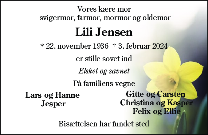 Dødsannonce for Lili Jensen