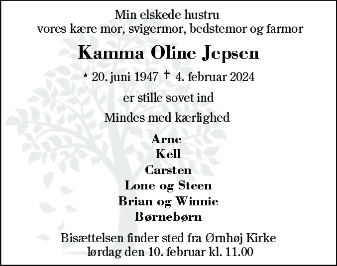 Dødsannonce for Kamma Oline Jepsen