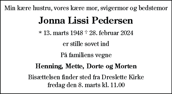 Dødsannonce for Jonna Lissi Pedersen
