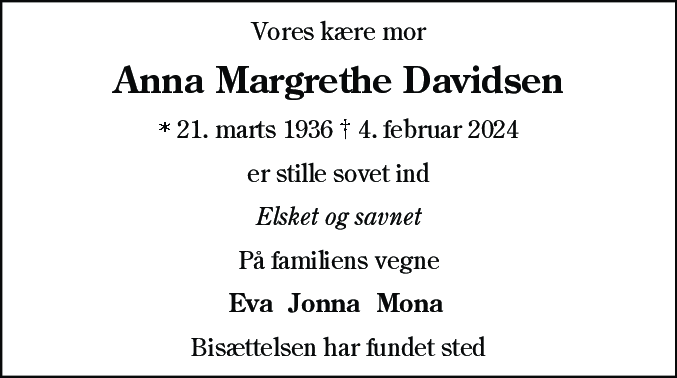 Dødsannonce for Anne Margrethe Lindbjerg Davidsen