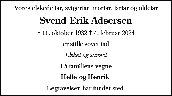 Dødsannonce for Svend Erik Adsersen