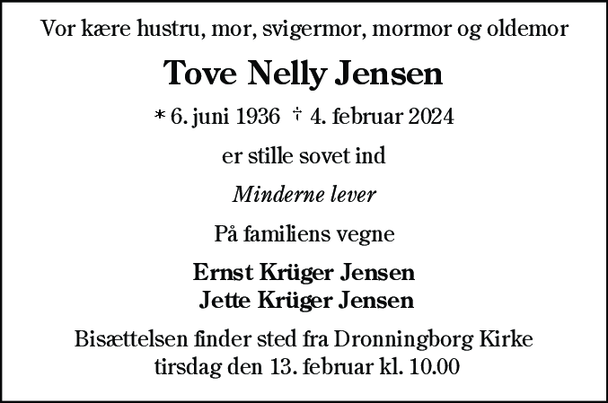 Dødsannonce for Tove Nelly Jensen