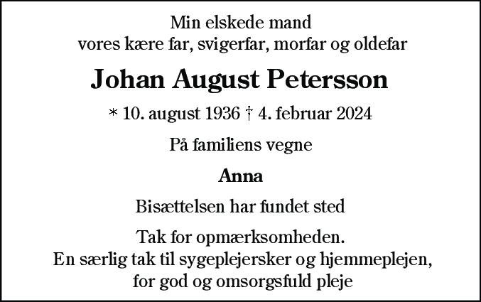 Dødsannonce for Johan August Petersson