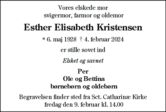Dødsannonce for Esther Elisabeth Kristensen