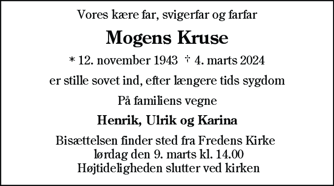 Dødsannonce for Mogens Kruse