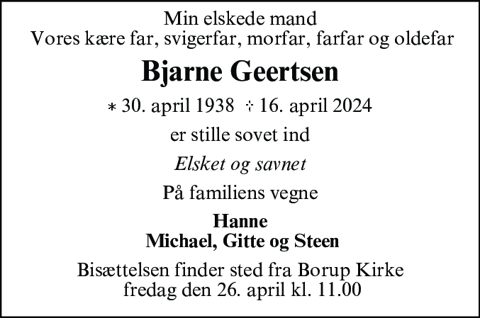 Dødsannonce for Bjarne Geertsen