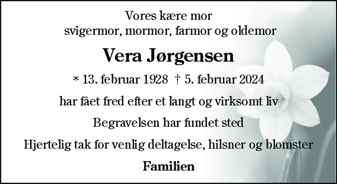 Dødsannonce for Vera Jørgensen