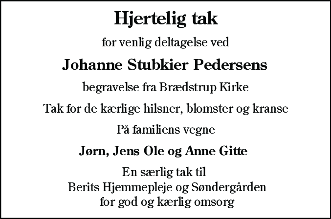 Dødsannonce for Johanne Pedersen