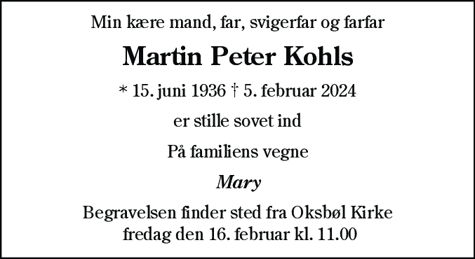 Dødsannonce for Martin Peter Kohls