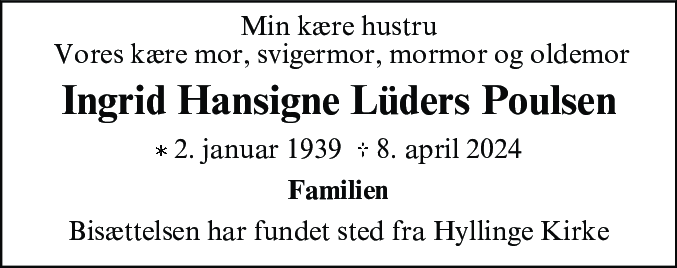 Dødsannonce for Ingrid Hansigne Lüders Poulsen