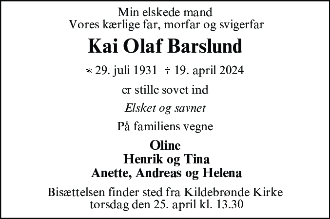 Dødsannonce for Kai Olaf Barslund