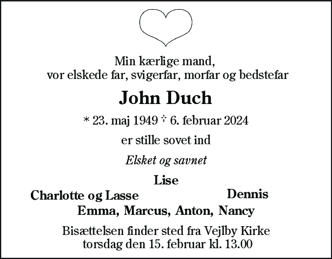 Dødsannonce for John Duch