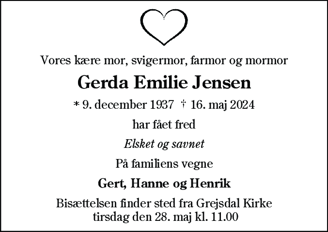 Dødsannonce for Gerda Emilie Jensen