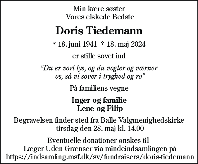 Dødsannonce for Doris Tiedemann