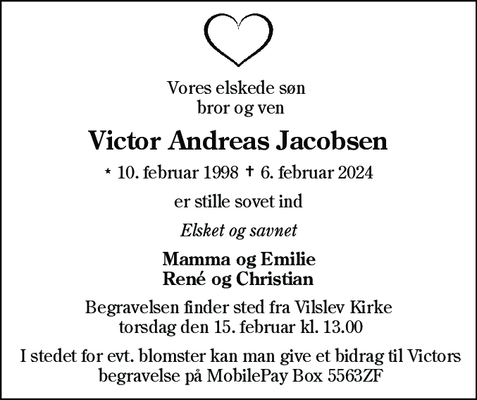 Dødsannonce for Victor Andreas Jacobsen