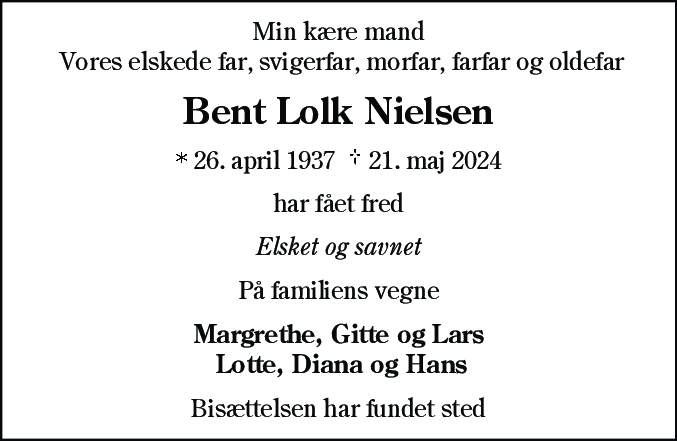 Dødsannonce for Bent Lolk Nielsen