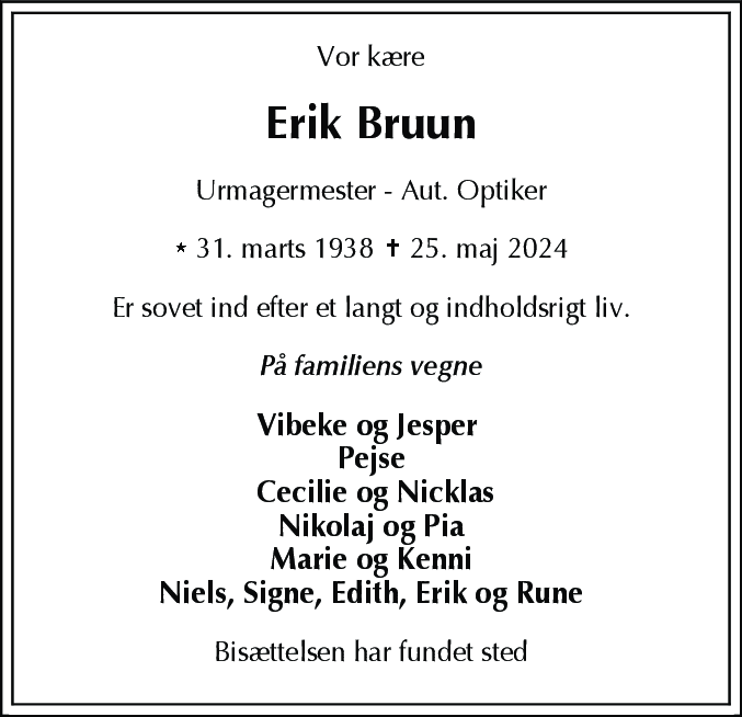 Dødsannonce for Erik Bruun