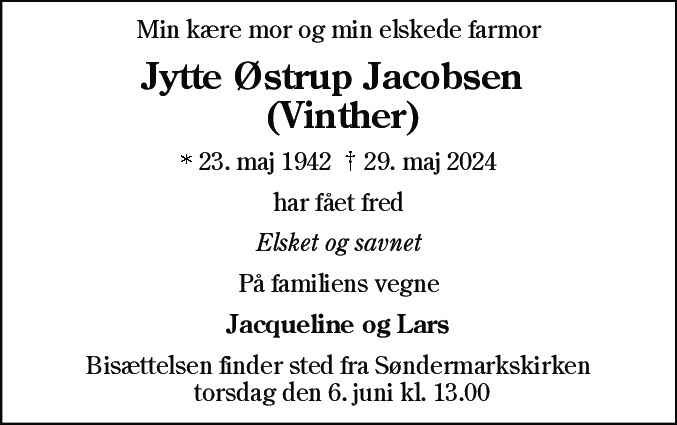 Dødsannonce for Jytte Østrup Jacobsen