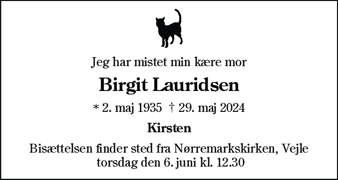 Dødsannonce for Birgit Lauridsen