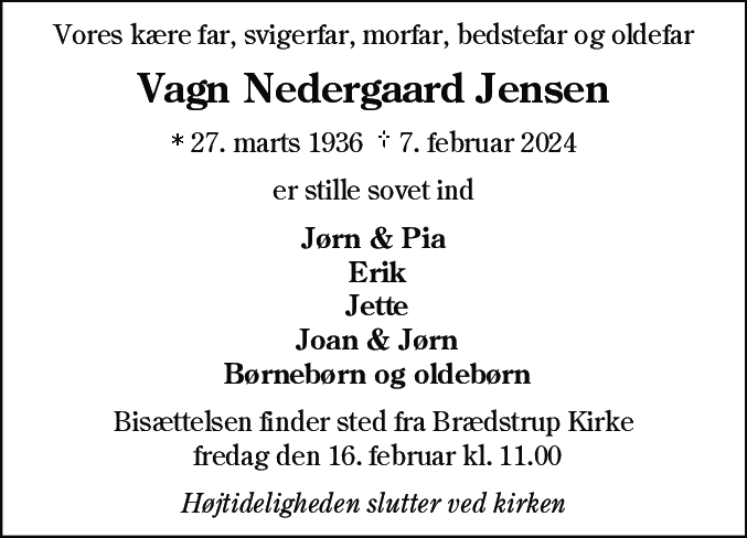 Dødsannonce for Vagn Nedergaard Jensen