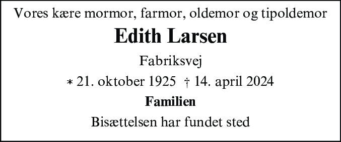 Dødsannonce for Edith Thordis Larsen