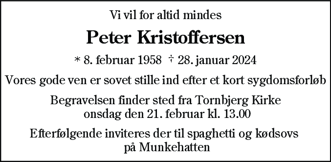 Dødsannonce for Peter Kristoffersen